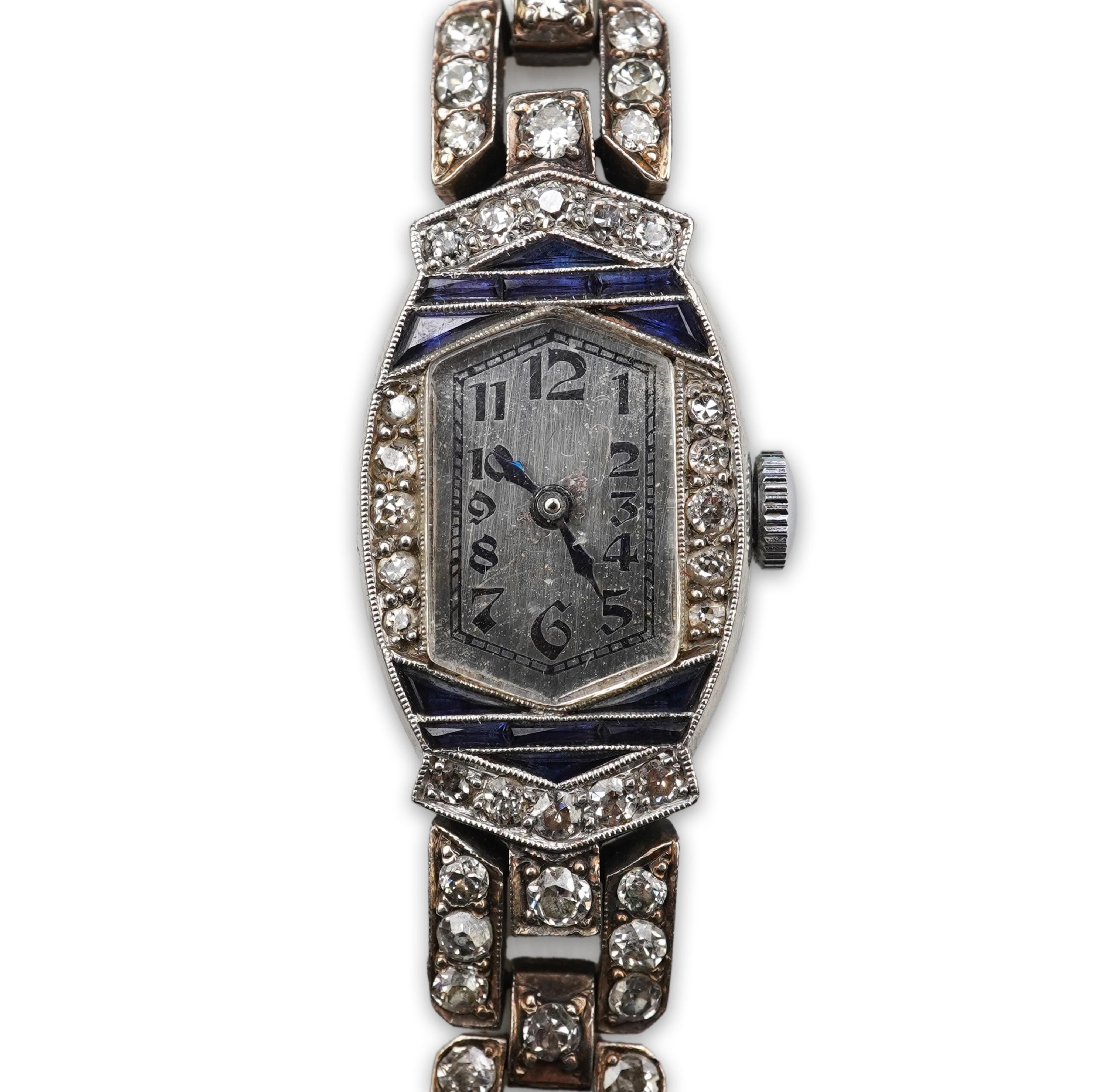 An Art Deco synthetic sapphire and diamond watch, 1920s